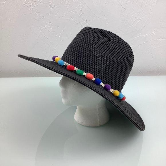 Sun N Sand Wide Rim Pom Pom Multicolor Black Straw Hat Size OSFM 22” EUC - Picture 3 of 12